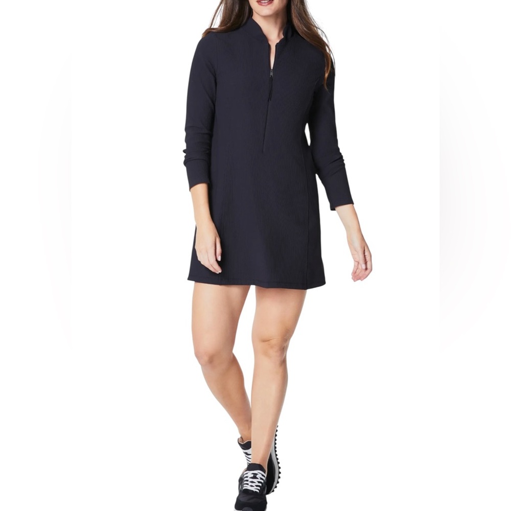 SPANX NWT Women's Black Ribbed Half Zip-Up Mini Dress Long Sleeve Stretch Small
